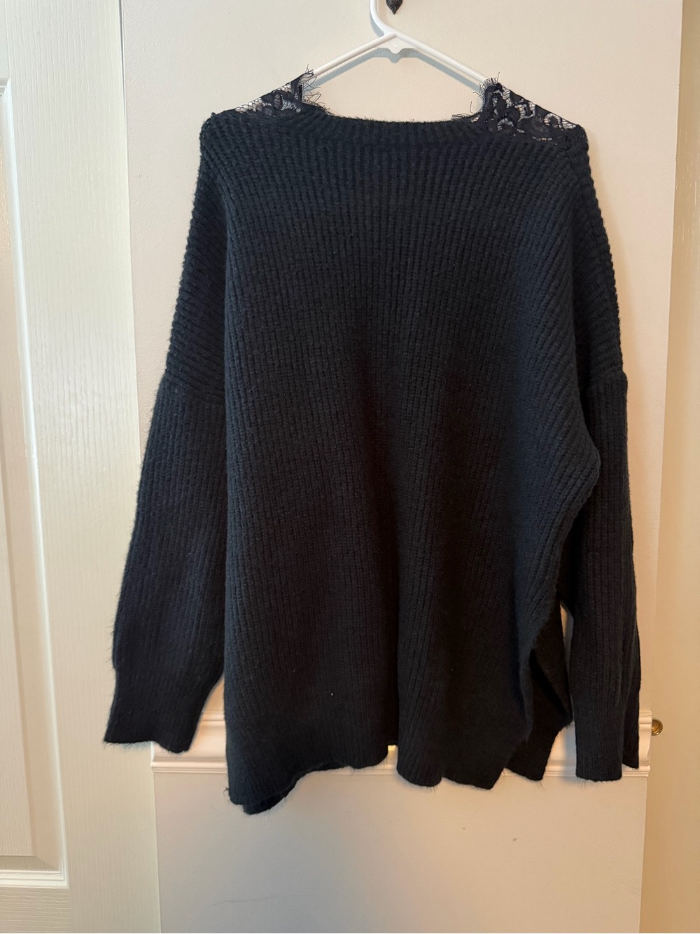 Women's Black V-Neck Sweater with Lace Yoke - Picture 2 of 3